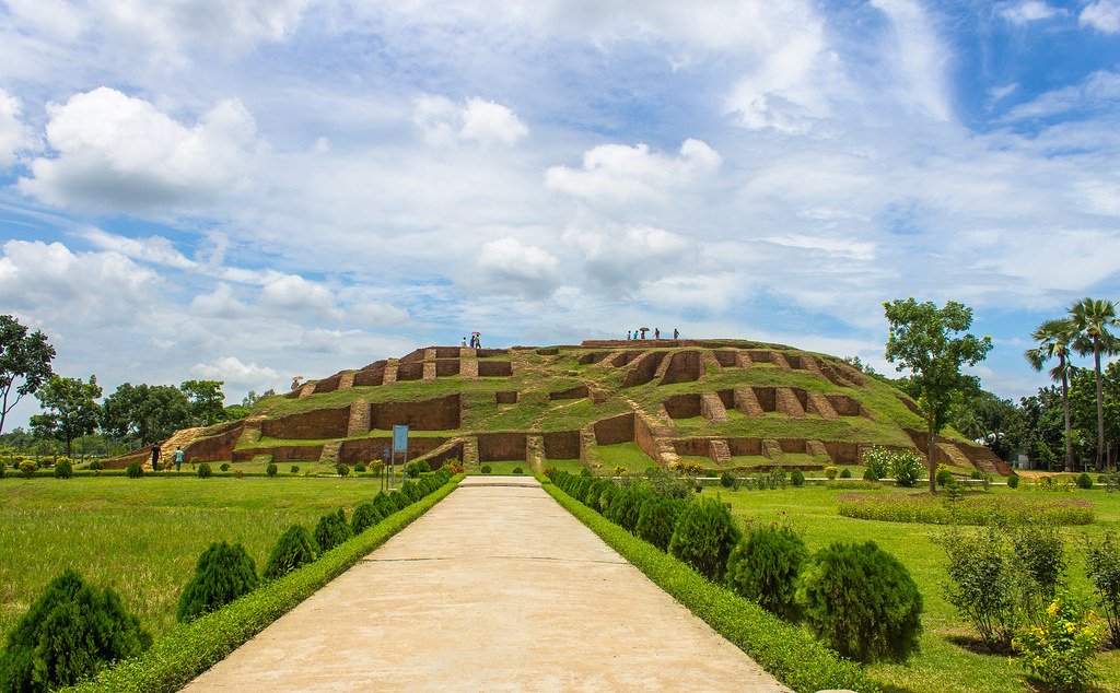 The excavated mound of Gokul Medh at Mahasthangarh showing its honeycomb brick foundation.