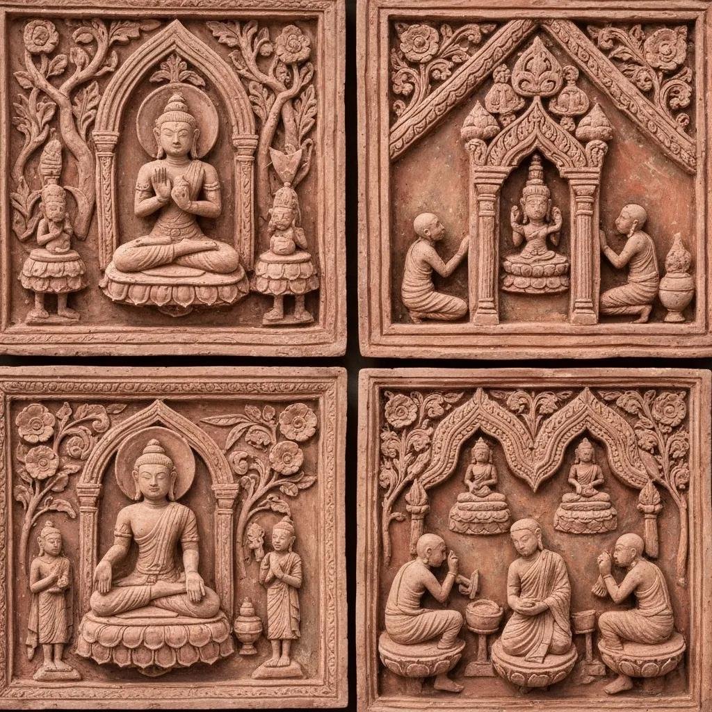 Close-up of ancient terracotta art on the walls of Somapura Mahavihara showing human figures and animals.